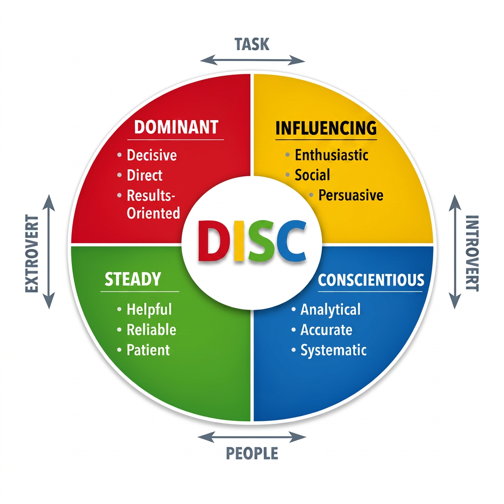 DISC personality types: Dominant, Influential, Stable, Conscientious with related traits